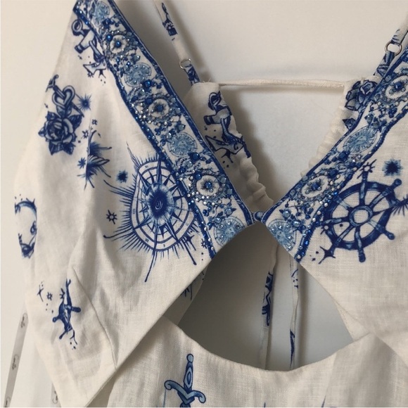 Bejeweled Linen Minidress with Cut Outs in Immortal Ink blue tattoo print - Picture 8 of 11